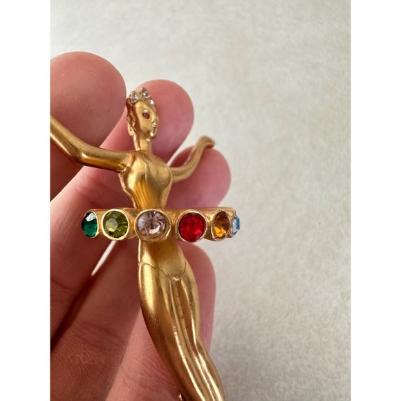 HMI 1992 vintage gold tone lady figural ballerina rainbow rhinestones brooch - Picture 6 of 9